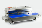 AIE 881BS stainless steel horizontal band sealer with blue conveyor, three-quarter view