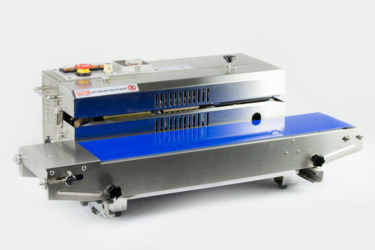 AIE 881BS stainless steel horizontal band sealer with blue conveyor, three-quarter view
