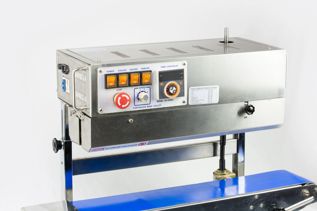 AIE 882BS stainless steel vertical band sealer control panel, close-up