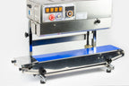 AIE 882BS stainless steel vertical band sealer sealing head and column, three-quarter view
