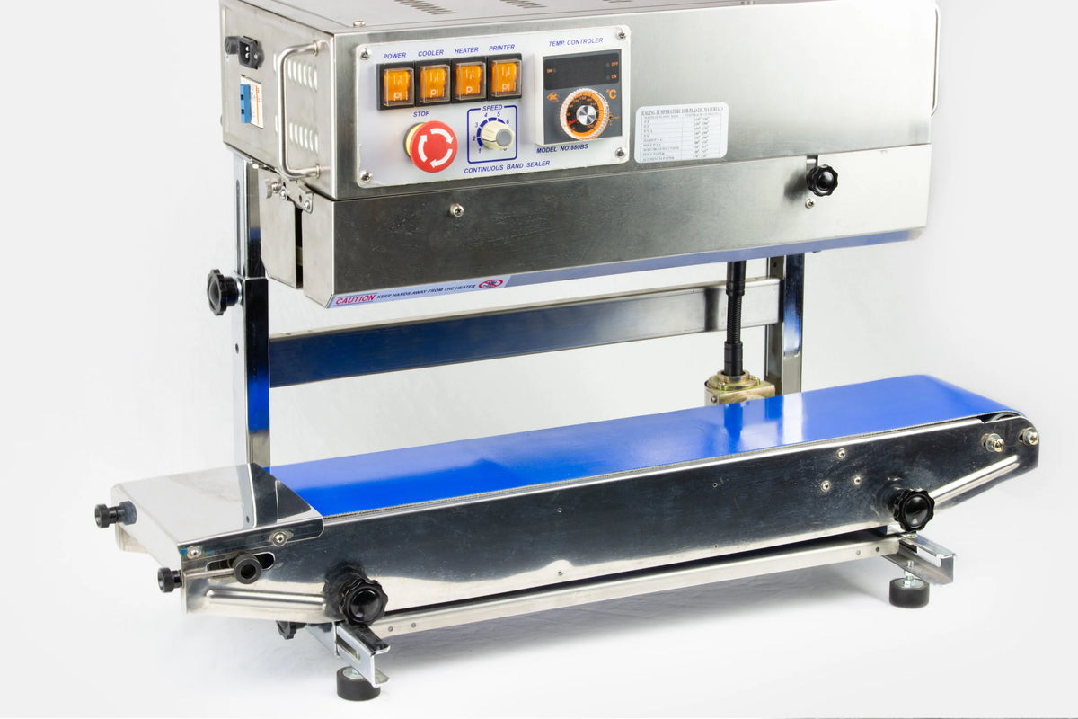 AIE 882BS stainless steel vertical band sealer sealing head and column, three-quarter view