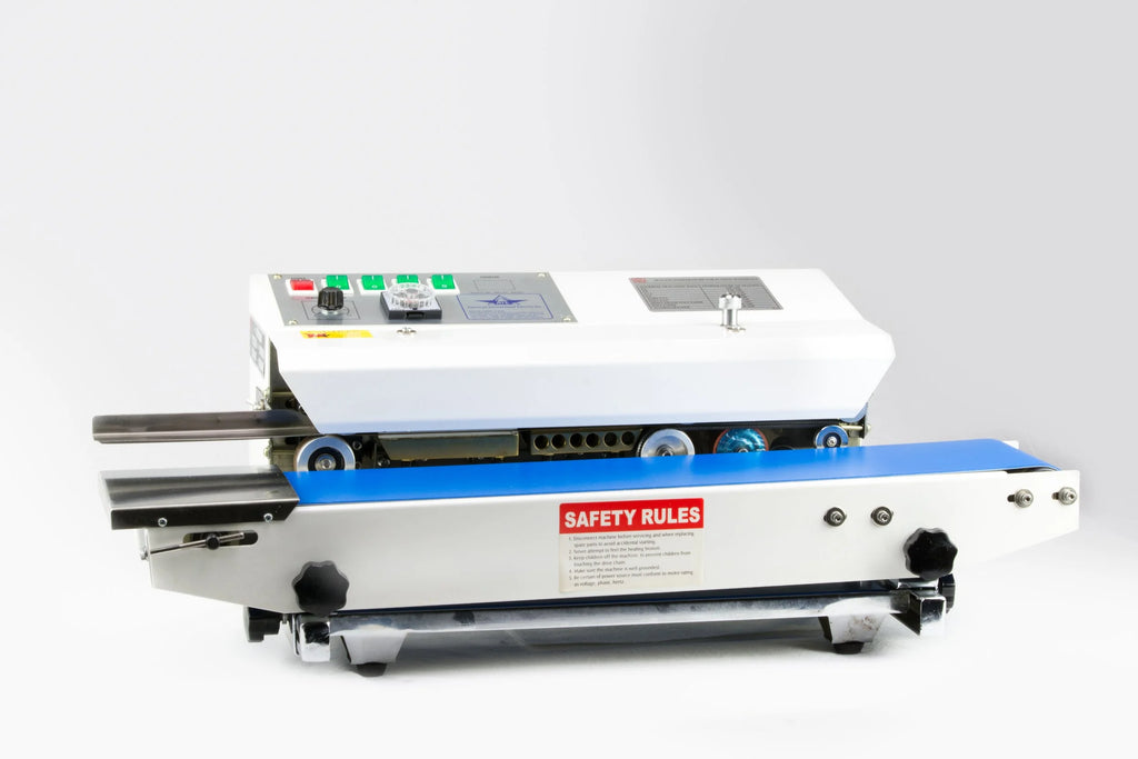 AIE B6 Series tabletop band sealer, horizontal model with conveyor