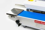 AIE B6 Series tabletop band sealer conveyor and feed guide, close-up