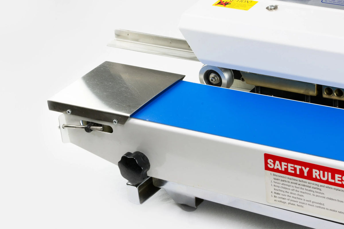 AIE B6 Series tabletop band sealer conveyor and feed guide, close-up