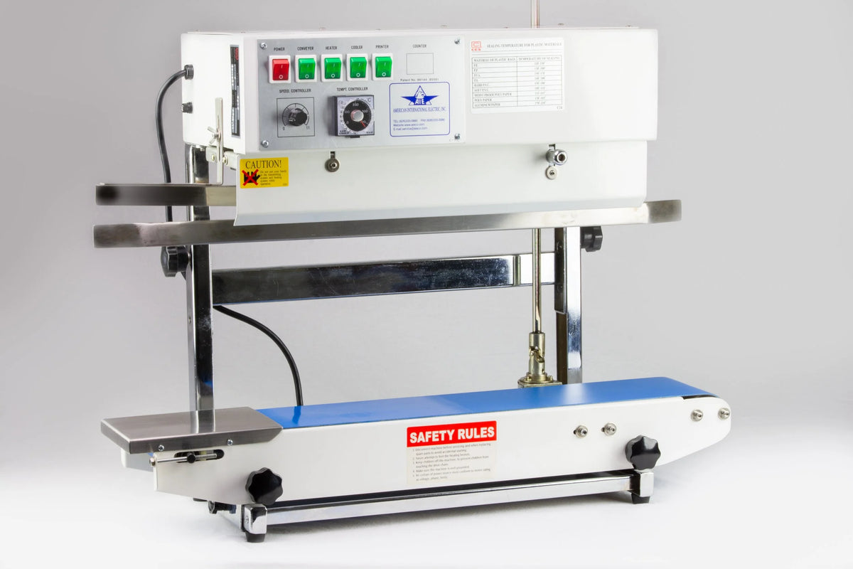 AIE B6 Series tabletop band sealer, vertical model AIE-B6202 with raised sealing head