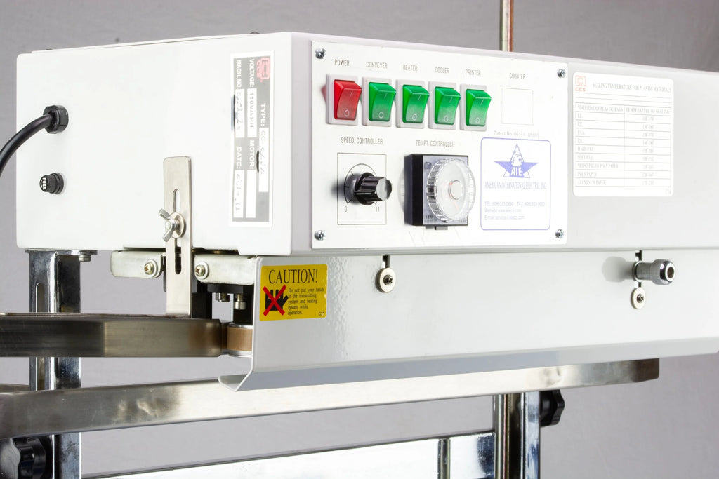 AIE B6 Series tabletop band sealer vertical model control panel, close-up