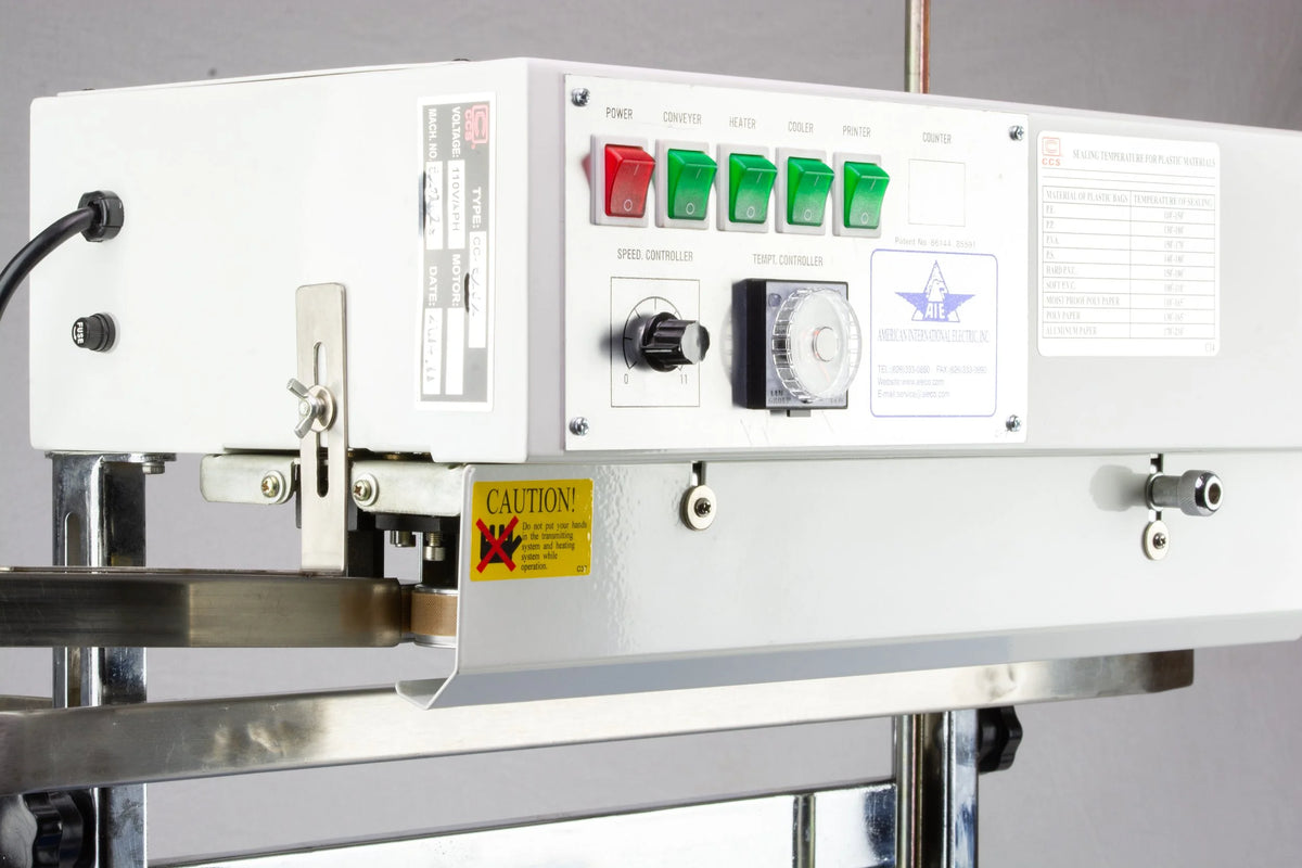 AIE B6 Series tabletop band sealer vertical model control panel, close-up