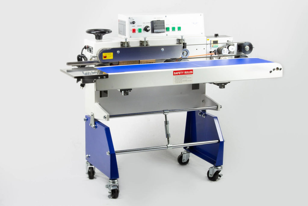 AIE-B7202 heavy duty horizontal band sealer on rolling stand with conveyor