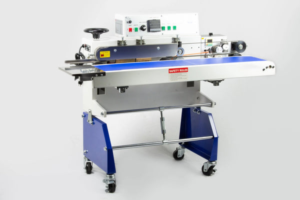 AIE-B7202 heavy duty horizontal band sealer on rolling stand with conveyor
