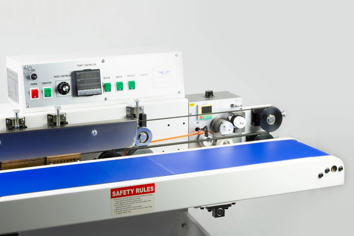 AIE-B7202 heavy duty horizontal band sealer control panel and sealing bands, close-up