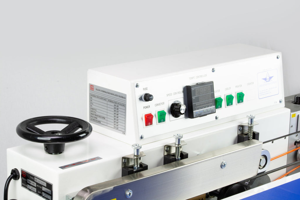 AIE-B7202 heavy duty horizontal band sealer control panel and height adjustment wheel