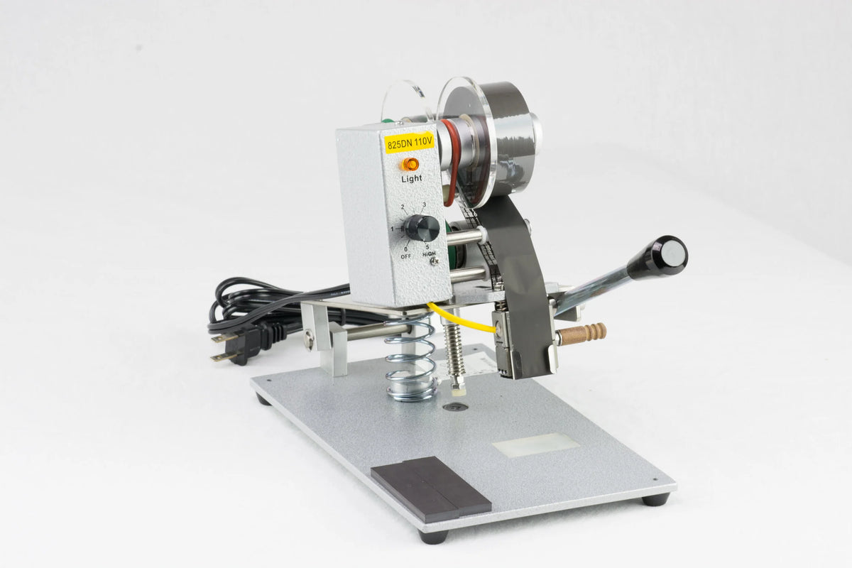 AIE DHH 3-line manual hot stamp imprinter with print foil and lever, three-quarter view
