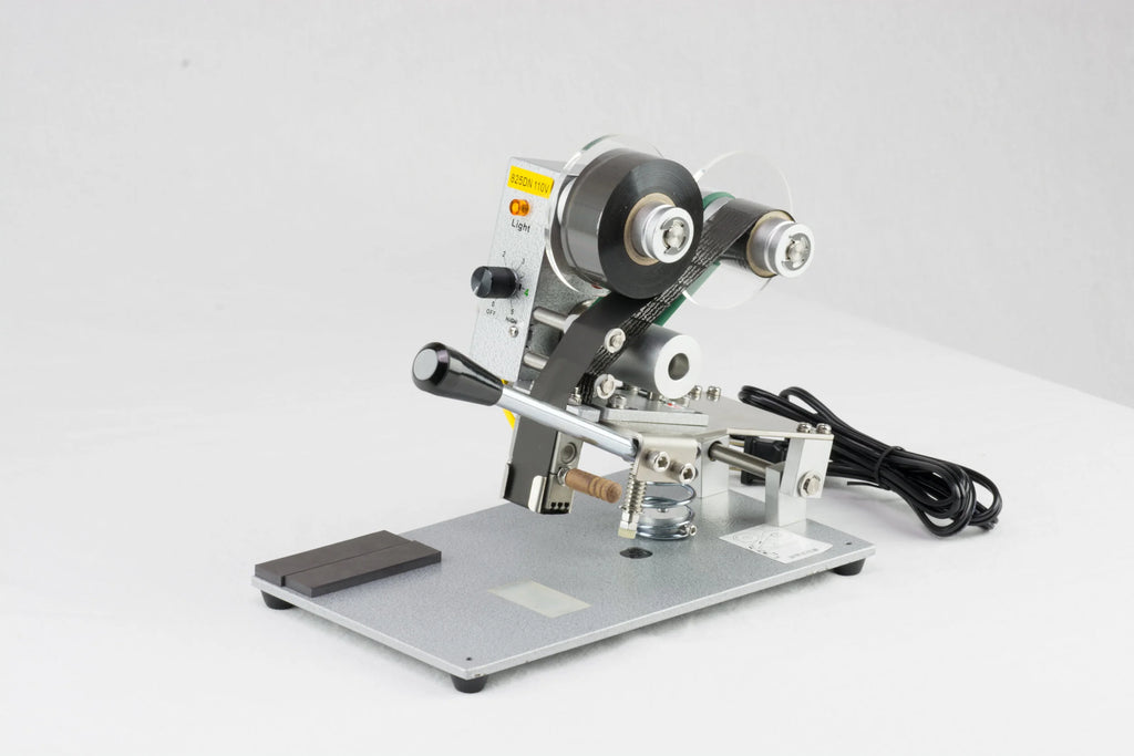 AIE DHH 3-line manual hot stamp imprinter with lever and power cord, side view