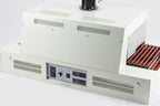 AIE infrared shrink tunnel with control panel and roller conveyor, close-up