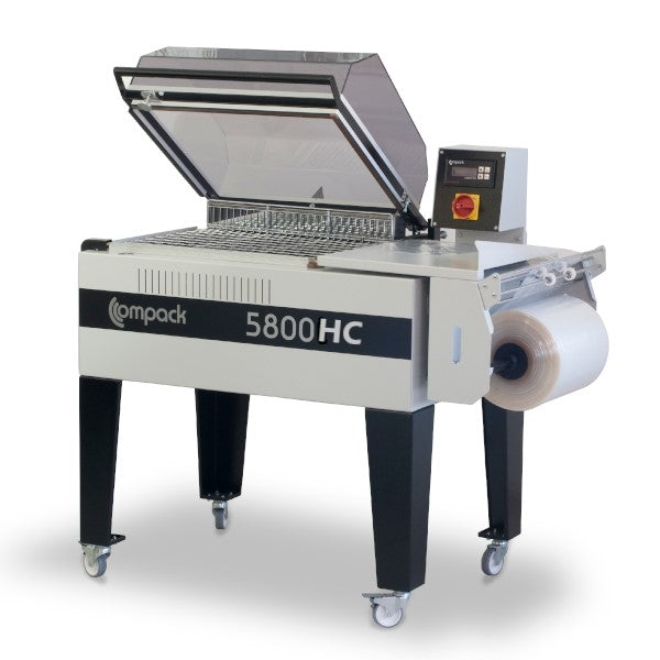 Maripak Compack 5800HC high-chamber hood shrink sealer with hood open and film roll