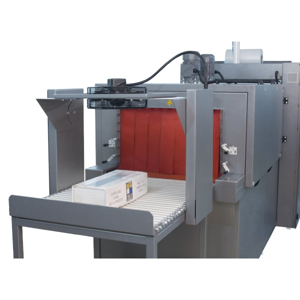 Maripak Multimac D 60 shrink tunnel exit with a shrink-wrapped carton on the roller conveyor
