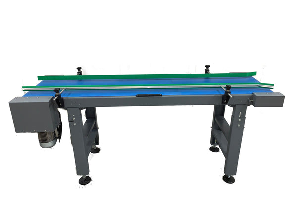 Maripak SMART Sync motorized flat belt conveyor 18 x 79 inch with blue belt and side guides