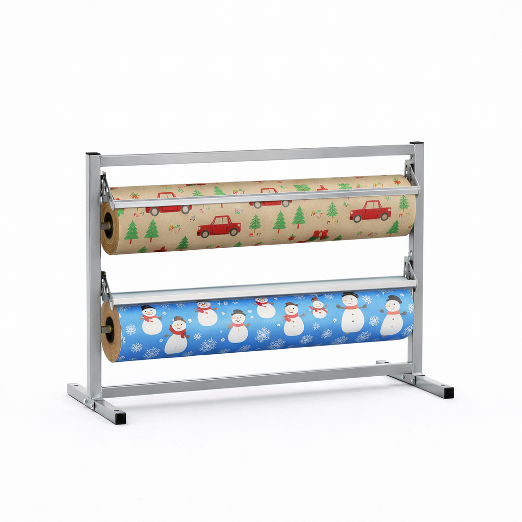 Bulman T367R Two Deck Tower Paper Rack – view with gift wrap rolls
