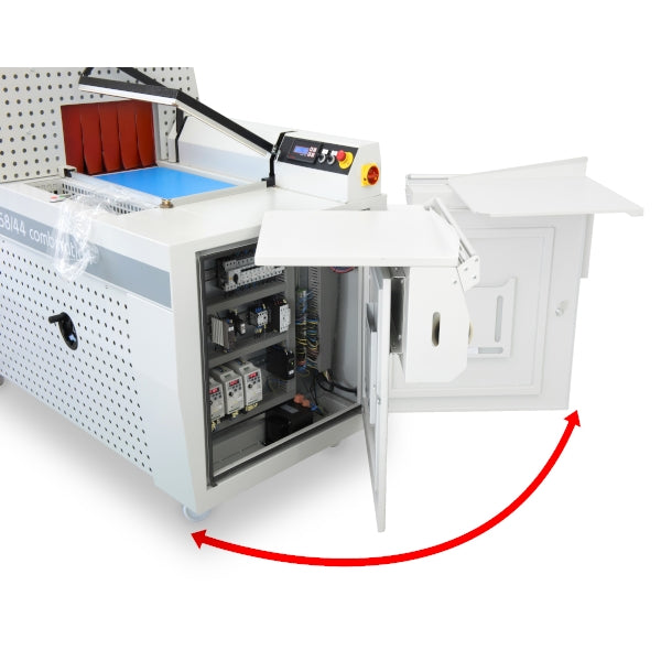 Maripak TMC Pro series L-bar sealer and tunnel for the TMC Pro 8065-M (58/44 shown), electrical cabinet opened