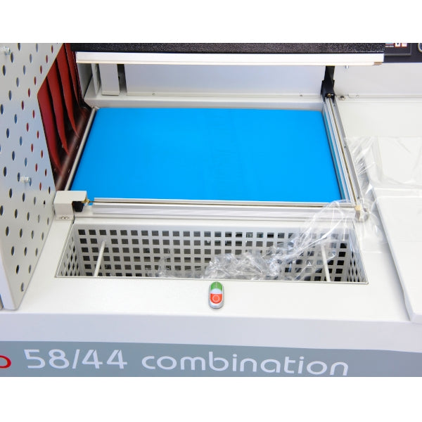 Maripak TMC Pro series L-bar sealer and tunnel for the TMC Pro 8065-M (58/44 shown), blue sealing table