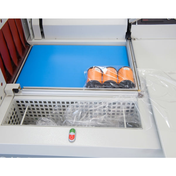 Maripak TMC Pro series L-bar sealer and tunnel for the TMC Pro 8065-M (58/44 shown), bundle of cans in film