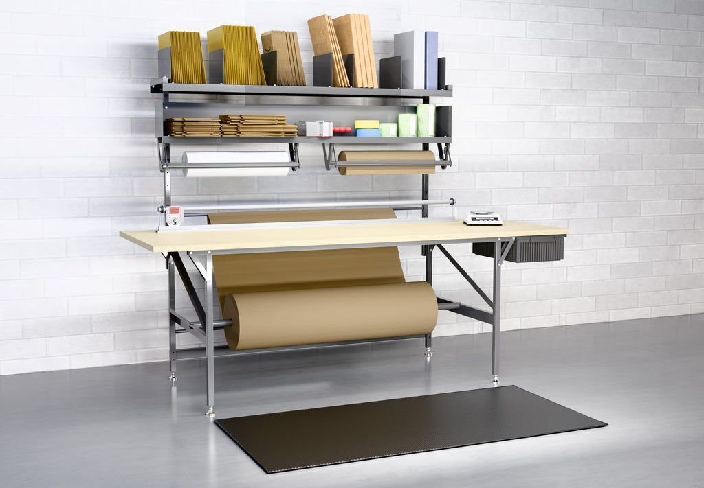 Bulman A670 Deluxe Packing Table, 96″ × 36″ – shown with accessories and packing materials (not included)