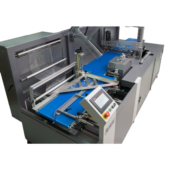 Maripak Pro-MOTION series infeed conveyor, film forming and control panel, top view (shown for the WRAPTURE Pro-MOTION 40)