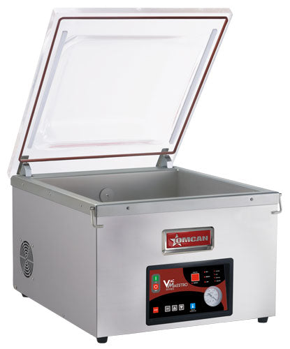 Omcan 44594 large tabletop chamber vacuum sealer with lid open