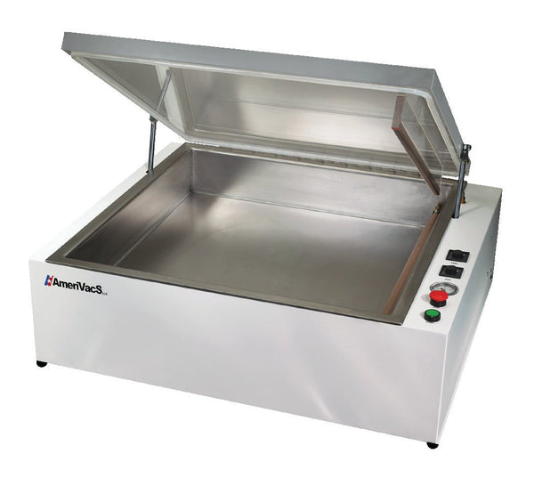 AmeriVacS AVC-20 chamber vacuum sealer with lid open and stainless steel chamber