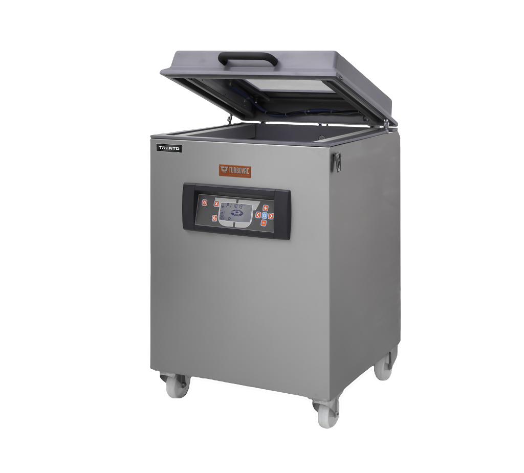 Turbovac M70-SS40 mobile chamber vacuum sealer by Omcan with lid open