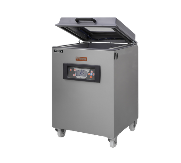 Turbovac M70-SS40 mobile chamber vacuum sealer by Omcan with lid open