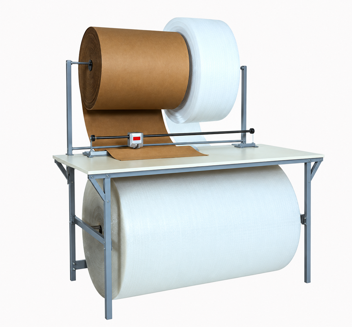 Bulman A692R Packing/Dispensing Table, 64″ × 30″ – A692R-1 shown with the 48″ A690R rotary shear cutter and rolls of packing material (not included)