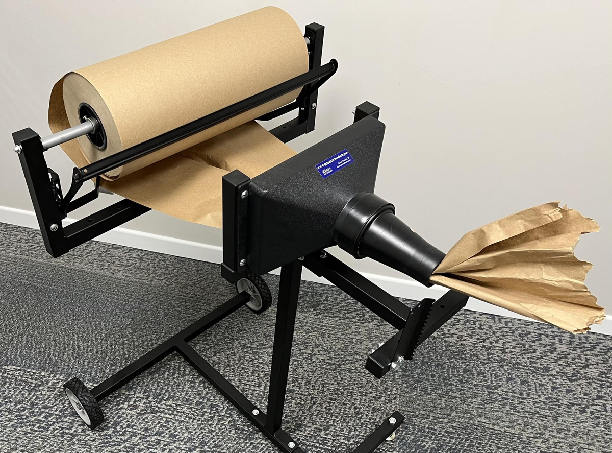 Bulman M201 Packaging Paper Crumpler – shown on the M202 mobile base (sold separately) with a kraft paper roll (not included)