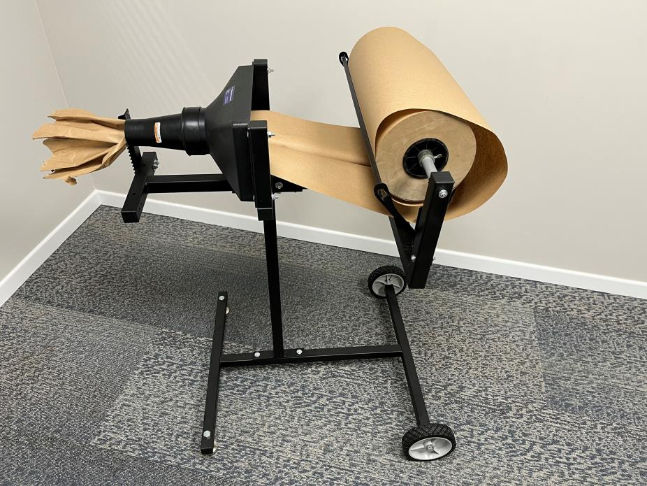Bulman M201 Packaging Paper Crumpler – side view on the M202 mobile base, with crumpled kraft paper (not included)
