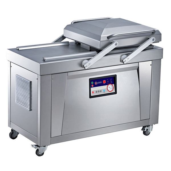 Omcan 43632 stainless steel double chamber vacuum sealer with swing lid