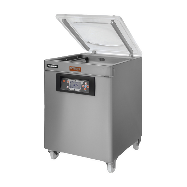 Turbovac M10-SS mobile chamber vacuum sealer by Omcan with lid open