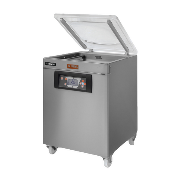 Turbovac M10-SS mobile chamber vacuum sealer by Omcan with lid open