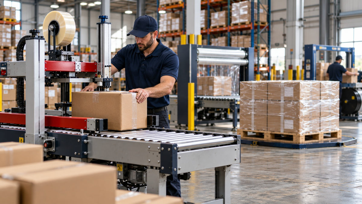 Worker sealing a carton on an automatic case sealer with roller conveyor, stretch-wrapped pallets in the background