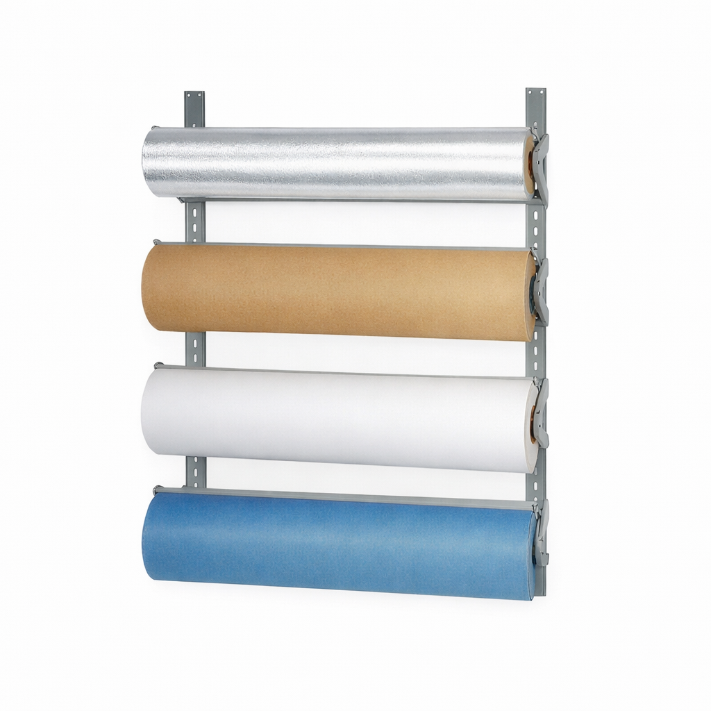 Bulman T293 Four High Wall Paper Rack – view with paper and film rolls
